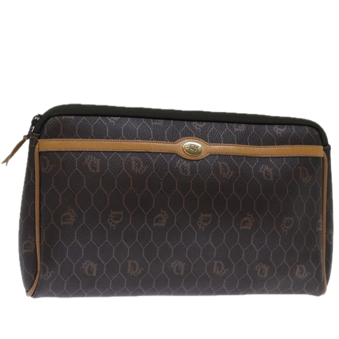 Christian Dior Honeycomb Canvas Clutch Bag PVC Leather Brown/Black