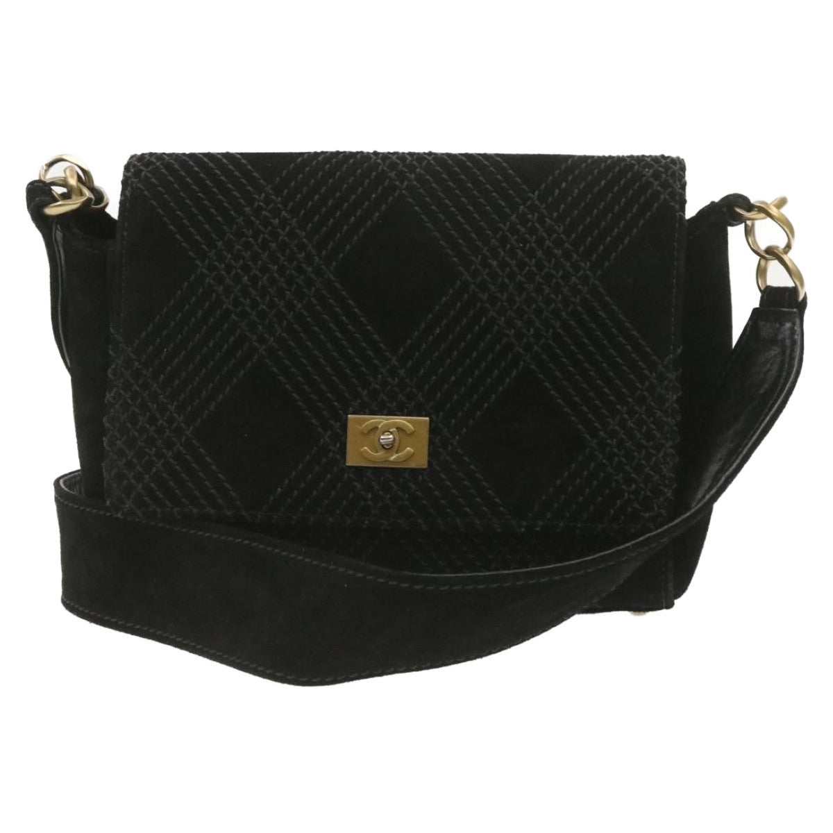 Chanel Turn Lock Shoulder Bag Suede Black CC