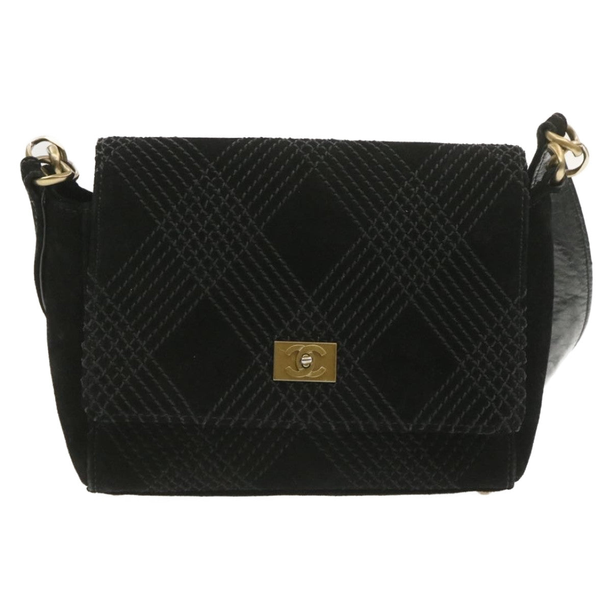 Chanel Turn Lock Shoulder Bag Suede Black CC